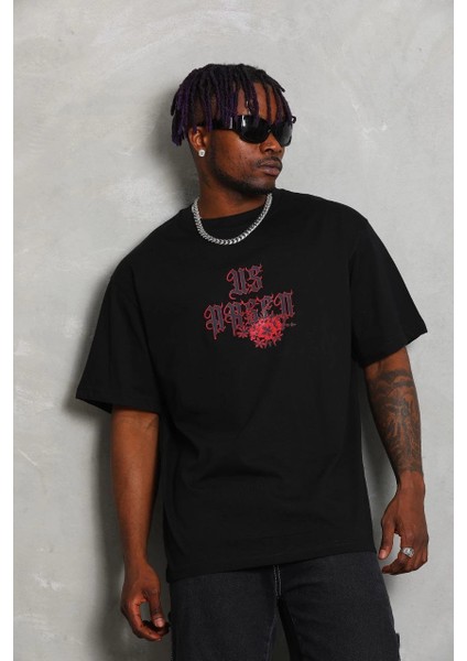 Unisex Oversize Baskılı Bisiklet Yaka T-Shirt - Siyah -Vlmr indirimleri