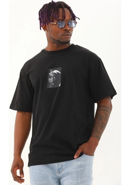 Unisex Oversize Baskılı Bisiklet Yaka T-Shirt - Siyah -Vlmr