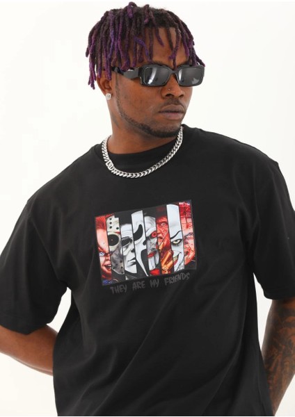 Unisex Oversize Baskılı Bisiklet Yaka T-Shirt - Siyah -Vlmr