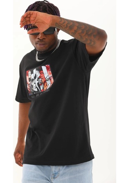 Unisex Oversize Baskılı Bisiklet Yaka T-Shirt - Siyah -Vlmr modelleri