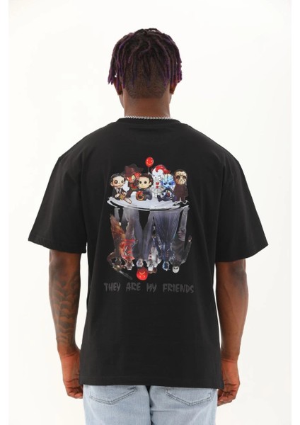 Unisex Oversize Baskılı Bisiklet Yaka T-Shirt - Siyah -Vlmr indirimleri