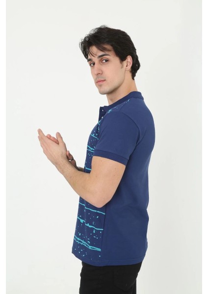 Erkek Yakalı Slim Fit Pike Çizgili T-Shirt - Mavi -Vlmr modelleri