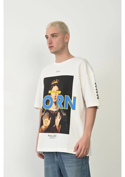 Unisex Baskılı Bisiklet Yaka Oversize T-Shirt - Beyaz -Vlmr