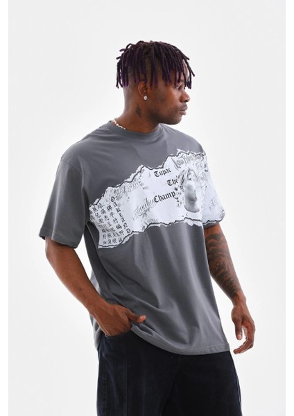 Unisex Bisiklet Yaka Baskılı Oversize T-Shirt - Gri -Vlmr fırsatları