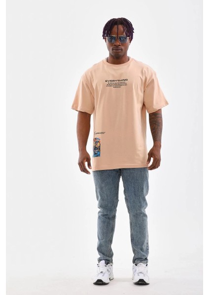 Unisex Bisiklet Yaka Baskılı Oversize T-Shirt - Bej -Vlmr indirimleri
