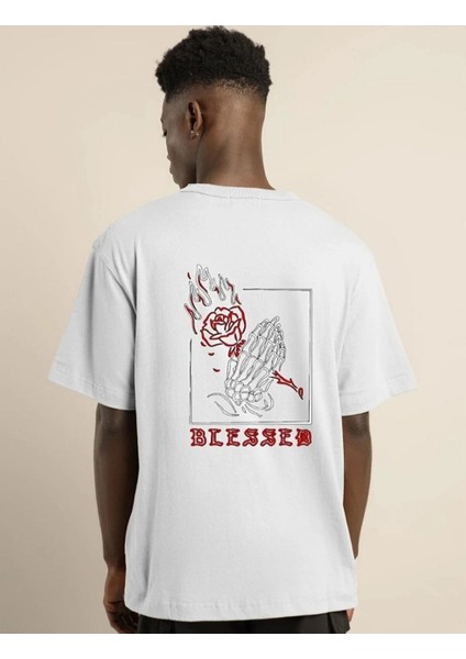 Unisex Bisiklet Yaka Oversize Baskılı T-Shirt - Beyaz -Vlmr fiyatları