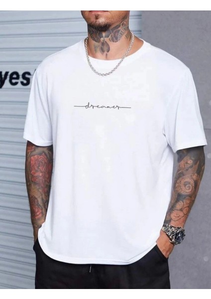 Unisex Baskılı Oversize T-Shirt - Beyaz -Vlmr