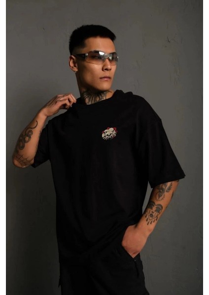 Unisex Bisiklet Yaka Baskılı Oversize T-Shirt - Siyah -Vlmr