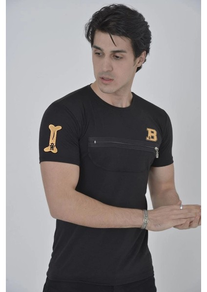 Unisex Göğüs Fermuarlı Baskılı T-Shirt - Siyah -Vlmr