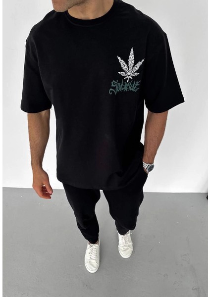 Unisex Bisiklet Yaka Baskılı Oversize T-Shirt - Siyah -Vlmr