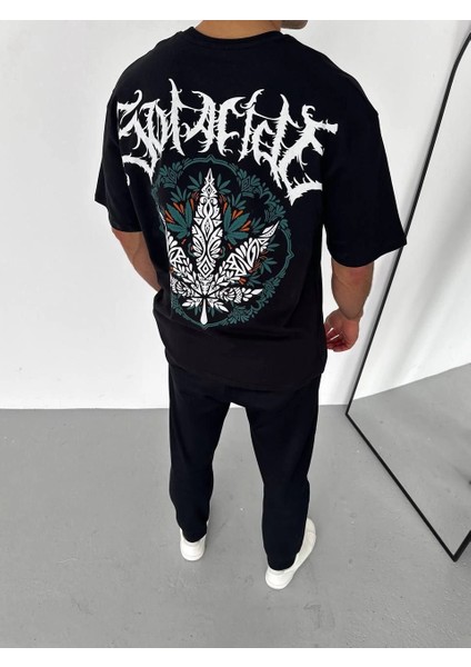 Unisex Bisiklet Yaka Baskılı Oversize T-Shirt - Siyah -Vlmr fiyatları