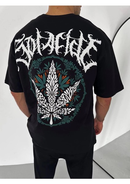 Unisex Bisiklet Yaka Baskılı Oversize T-Shirt - Siyah -Vlmr modelleri