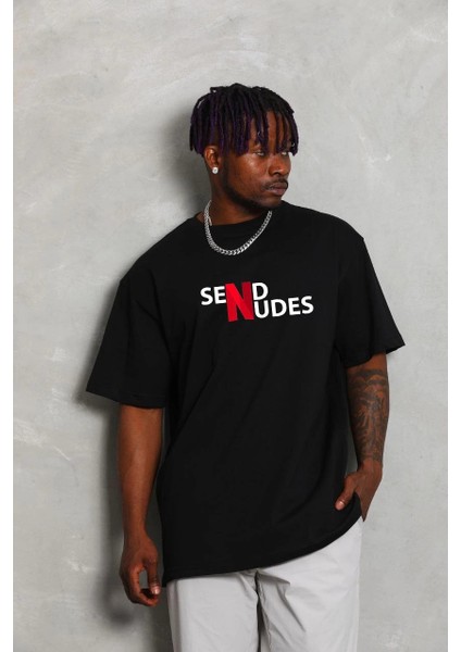 Unisex Bisiklet Yaka Double Oversize Baskılı T-Shirt - Siyah -Vlmr