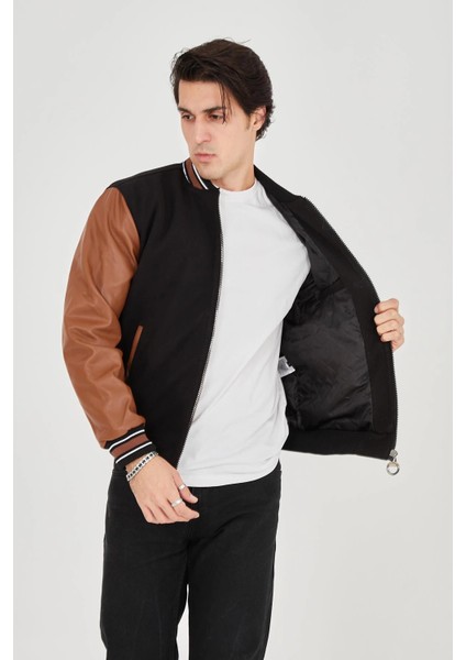 Erkek Içten Elyaf ve Astarlı Kolları Suni Deri Ceket - Kahverengi -Vlmr fiyatları