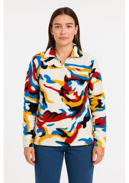 Kadın Yarım Fermuarlı Desenli Polar Sweat - Renkli Abstract Desen Yakalı, Uzun Kollu, Oversize Rahat Kalıp - Beyaz -Vlmr