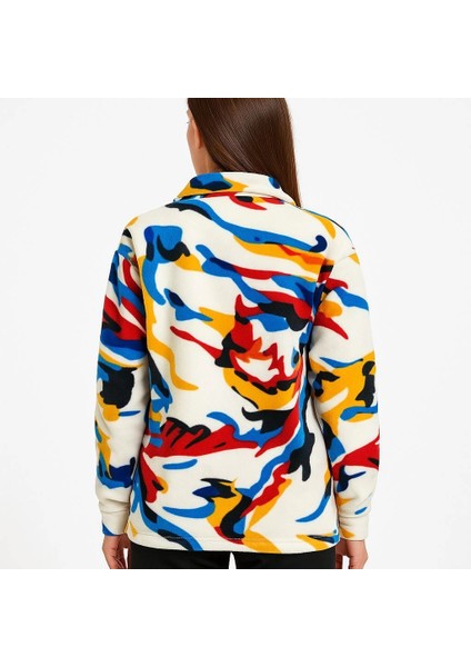 Kadın Yarım Fermuarlı Desenli Polar Sweat - Renkli Abstract Desen Yakalı, Uzun Kollu, Oversize Rahat Kalıp - Beyaz -Vlmr fiyatları