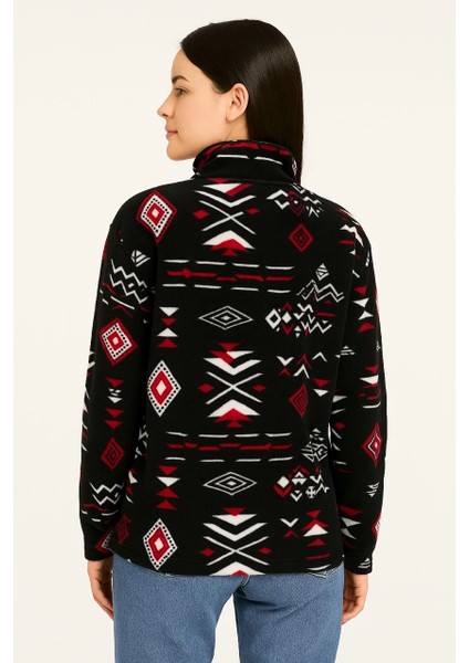 Kadın Yarım Fermuarlı Desenli Polar Sweat Tribal Etnik Desen Yakalı, Uzun Kollu, Oversize Rahat Kalıp - Siyah -Vlmr modelleri