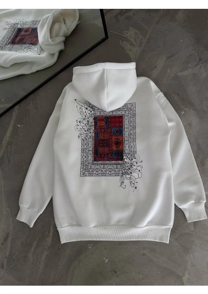 Uzun Kol Kapüşonlu Ön ve Arka Baskılı Sweatshirt - Beyaz -Vlmr indirimleri