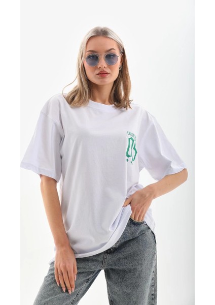 Unisex Baskılı Oversize T-Shirt - Beyaz -Vlmr