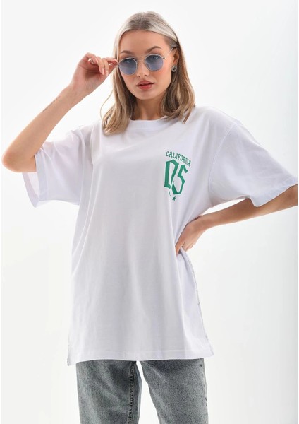 Unisex Baskılı Oversize T-Shirt - Beyaz -Vlmr fırsatları