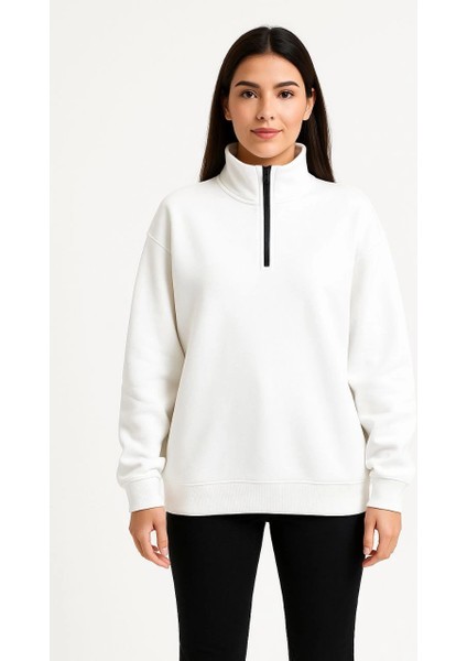 Kadın Üç Iplik Dık Yaka Yarım Fermuarlı Sweatshirt - Beyaz -Vlmr fırsatları