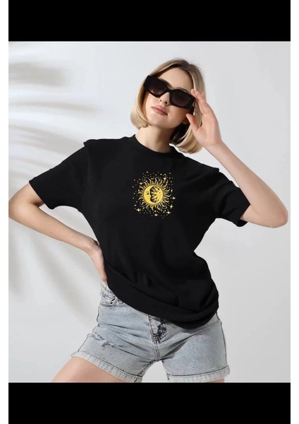 Unisex Kadın Bisiklet Yaka Baskılı T-Shirt - Siyah -Vlmr