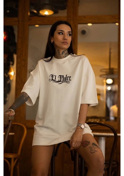 Unisex Bisiklet Yaka Baskılı Oversize T-Shirt - Beyaz -Vlmr