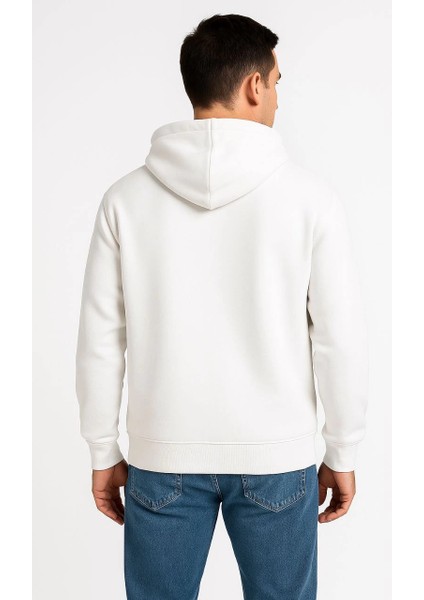 Erkek Üç Iplik Kapüşonlu Tam Fermuarlı Kanguru Cepli Sweatshirt Hoodie - Beyaz -Vlmr fiyatları
