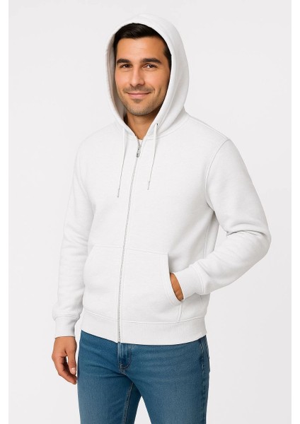 Erkek Üç Iplik Kapüşonlu Tam Fermuarlı Kanguru Cepli Sweatshirt Hoodie - Beyaz -Vlmr modelleri