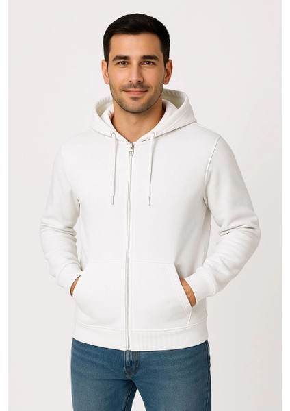 Erkek Üç Iplik Kapüşonlu Tam Fermuarlı Kanguru Cepli Sweatshirt Hoodie - Beyaz -Vlmr indirimleri
