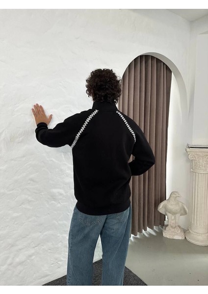 Erkek Oversize Dik Yaka Fermuarlı Sweatshirt - Zincir Nakışli Kanguru Cepli - Siyah -Vlmr fırsatları