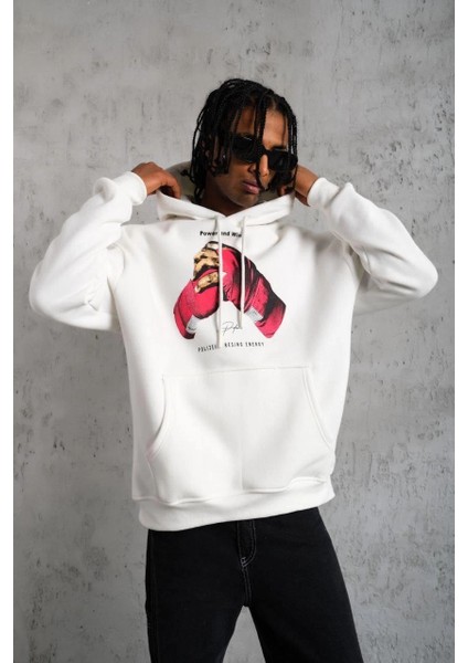 Erkek Eldiven Baskılı Kapüşonlu Sweat - Beyaz -Vlmr