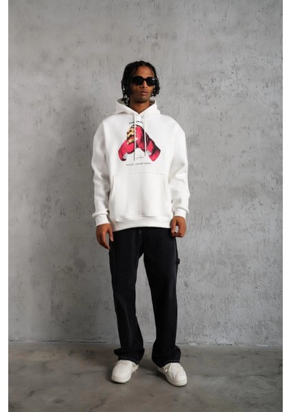 Erkek Eldiven Baskılı Kapüşonlu Sweat - Beyaz -Vlmr fırsatları