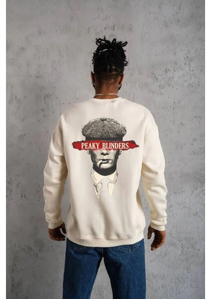 Unisex Bisiklet Yaka Baskılı Oversize Sweatshirt - Beyaz -Vlmr