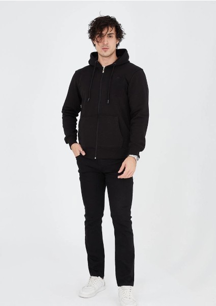Unisex Tam Fermuarlı Kapşonlu Sweatshirt - Siyah -Vlmr modelleri