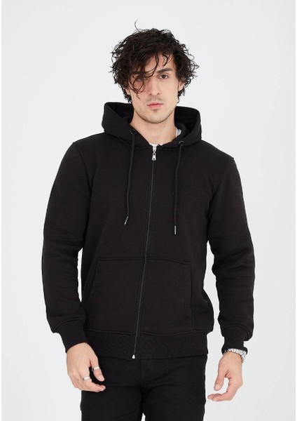 Unisex Tam Fermuarlı Kapşonlu Sweatshirt - Siyah -Vlmr fırsatları
