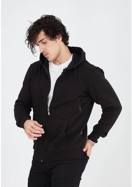 Unisex Tam Fermuarlı Kapşonlu Sweatshirt - Siyah -Vlmr indirimleri