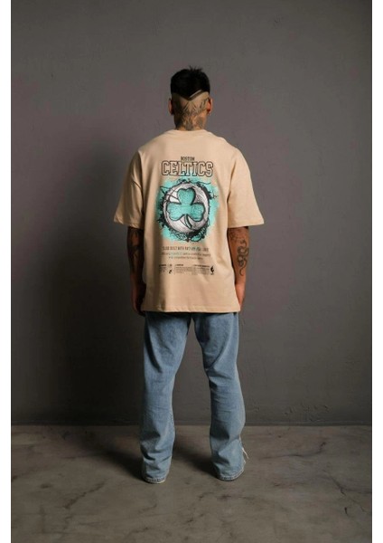 Erkek Sırt Baskılı t-Shirt - Bej -Vlmr