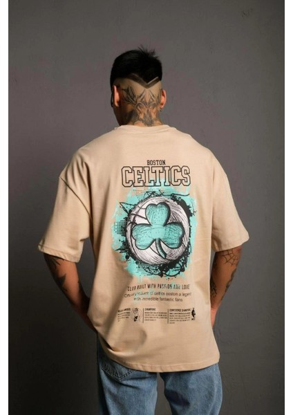 Erkek Sırt Baskılı t-Shirt - Bej -Vlmr modelleri