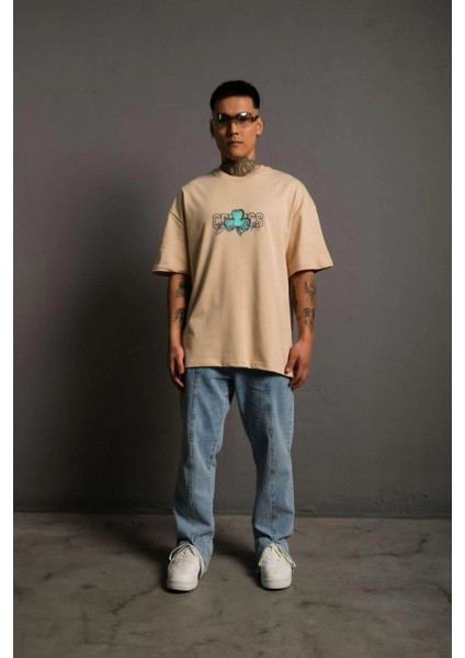 Erkek Sırt Baskılı t-Shirt - Bej -Vlmr fırsatları