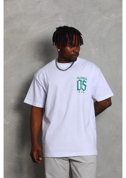 Unisex Oversize Baskılı Bisiklet Yaka T-Shirt - Beyaz -Vlmr modelleri