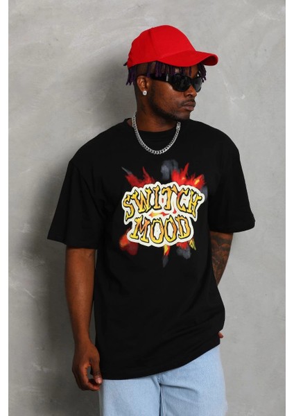 Unisex Oversize Baskılı Bisiklet Yaka T-Shirt - Siyah -Vlmr modelleri