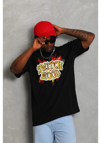 Unisex Oversize Baskılı Bisiklet Yaka T-Shirt - Siyah -Vlmr fırsatları