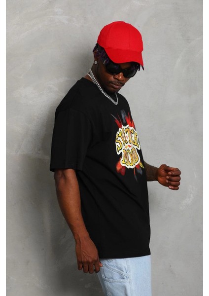 Unisex Oversize Baskılı Bisiklet Yaka T-Shirt - Siyah -Vlmr indirimleri