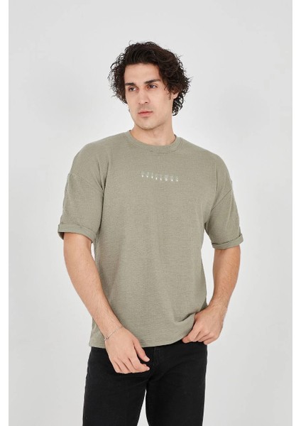 Unisex Jakar Kumaş Rahat Kol T-Shirt - Açık Yeşil -Vlmr modelleri