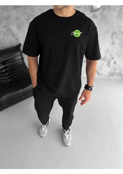 Unisex Bisiklet Yaka Baskılı Oversize T-Shirt - Siyah -Vlmr