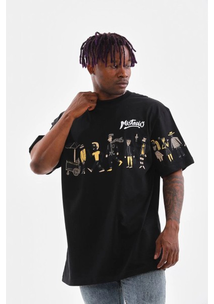 Unisex Bisiklet Yaka Baskılı Oversize T-Shirt - Siyah -Vlmr