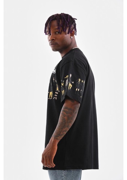 Unisex Bisiklet Yaka Baskılı Oversize T-Shirt - Siyah -Vlmr fırsatları