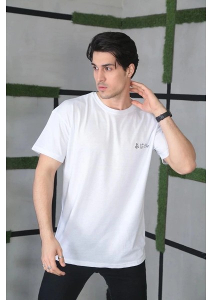 Unisex Bisiklet Yaka Baskılı Oversize T-Shirt - Beyaz -Vlmr fiyatları