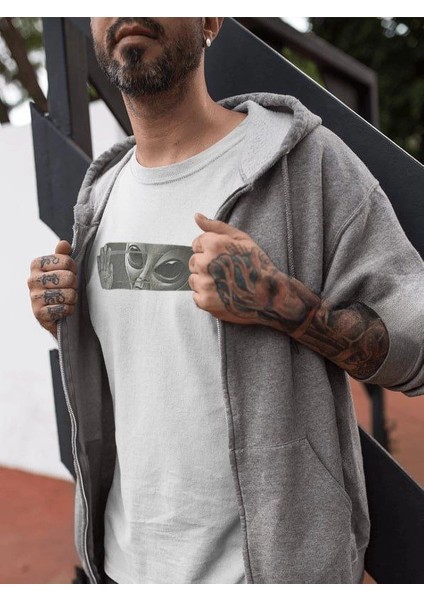 Unisex Bisiklet Yaka Baskılı Oversize T-Shirt - Beyaz -Vlmr